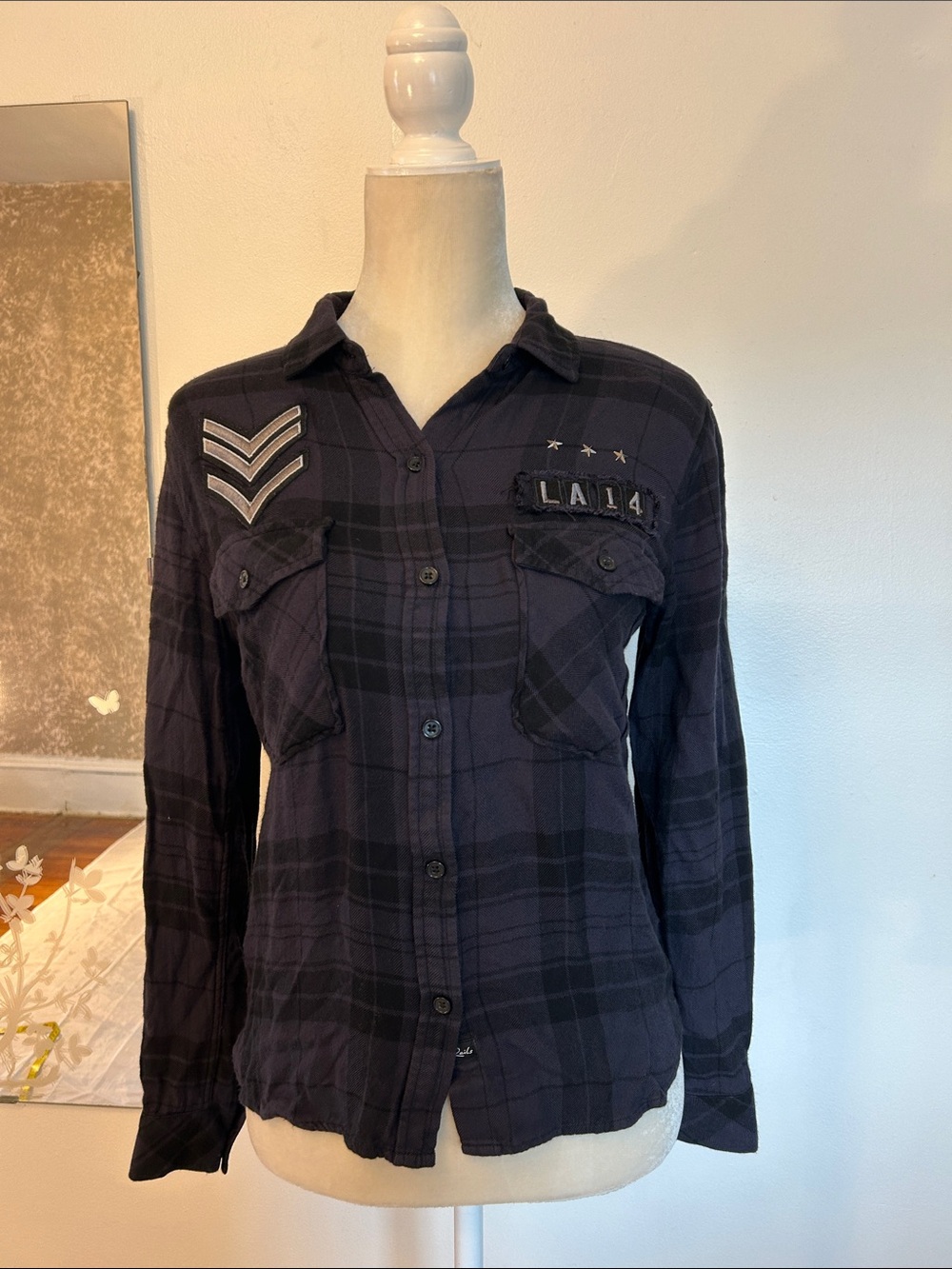 Women's Navy Plaid Button-Up Shirt